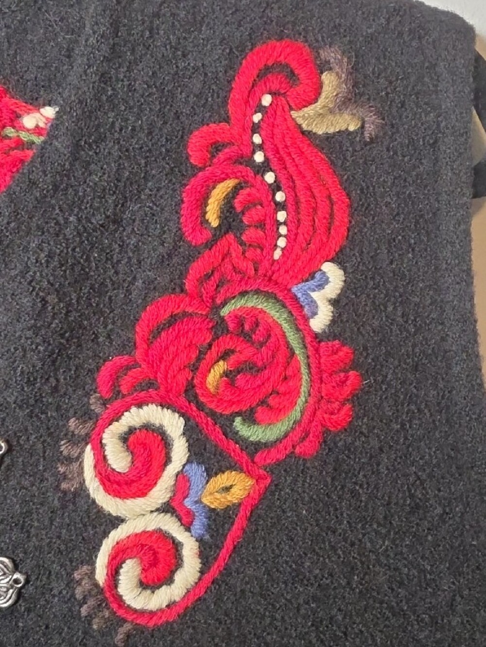 Vrikke Norwegian Black Wool Vest with Red Embroidered Accents Colorful Tradition - Picture 5 of 8